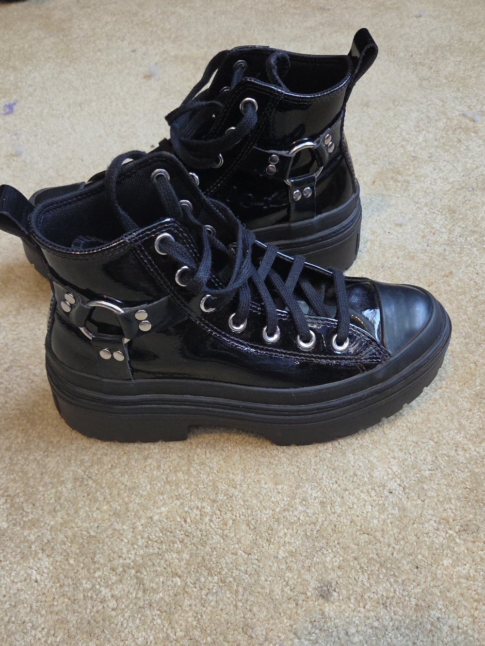Converse Black Patent Platform Lace-Up Ankle Boots